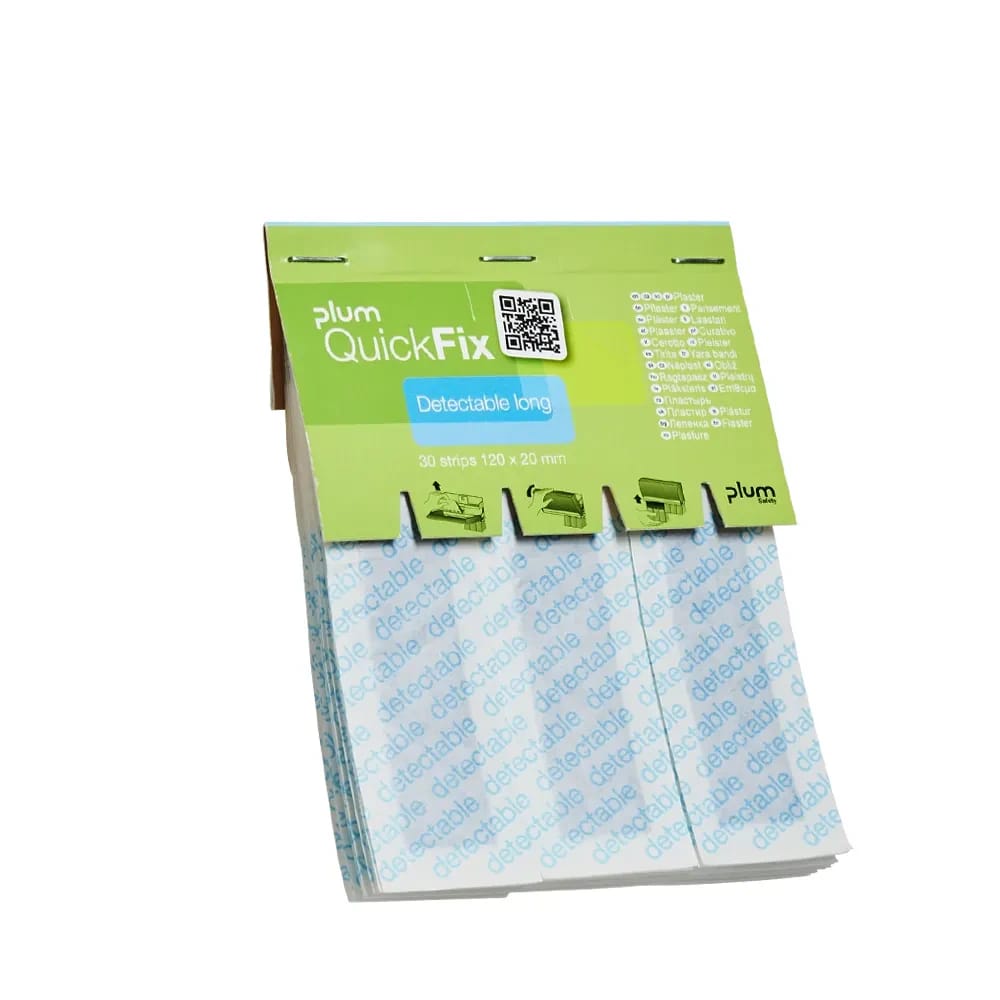 Plum QuickFix Nachfüllpackung – 30 detektierbare Fingerpflaster blau, lang (120 × 20 mm)